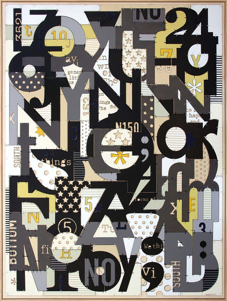 DN03192, 45 x 60, acrylic on birchwood panel, silkscreen, laser cut and stitching