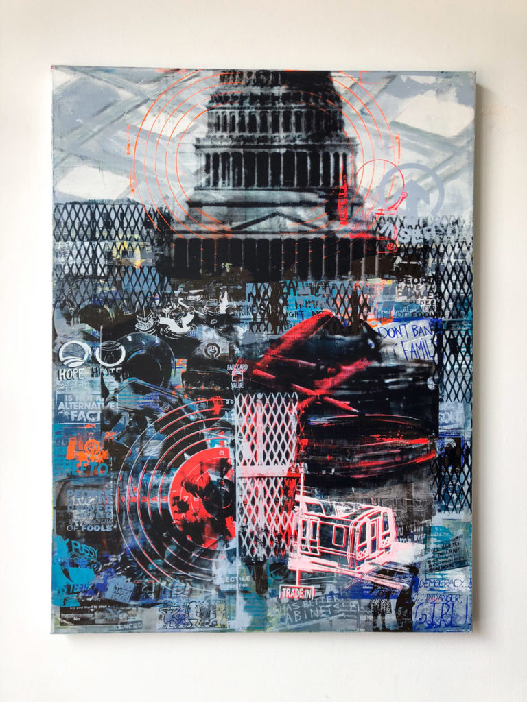 “FCV #11 ”, 36 x 48”, layered acrylic screen prints and spray paint on wood panel