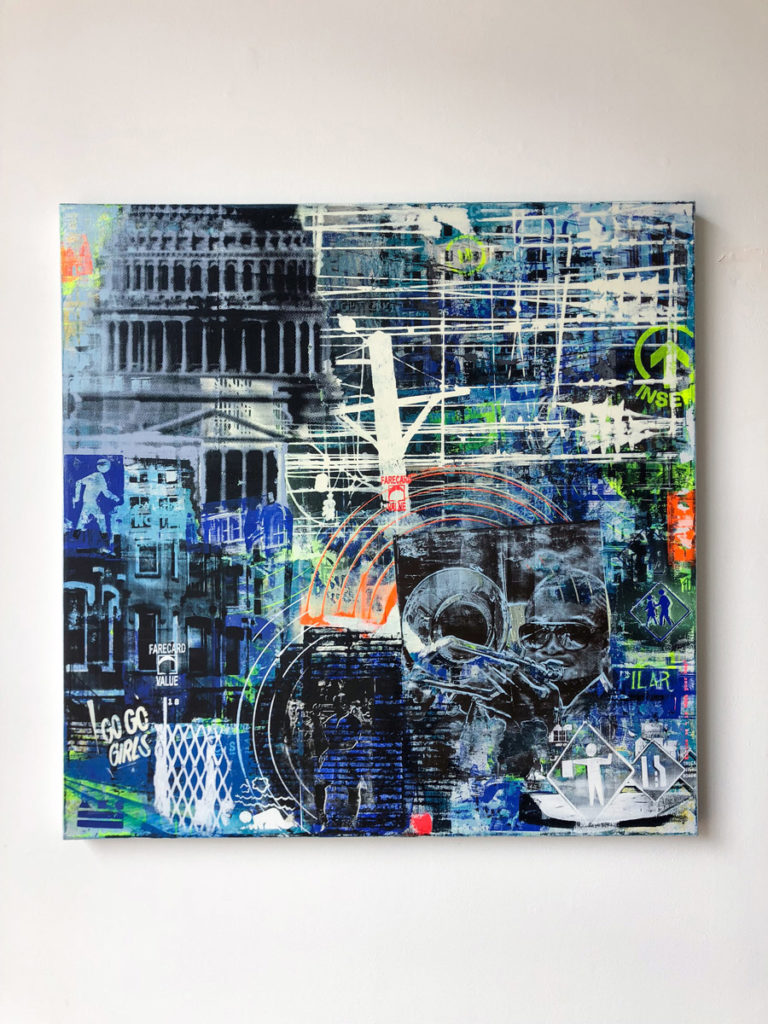 “FCV #13 ”, 36 x 36”, layered acrylic screen prints and spray paint on canvas