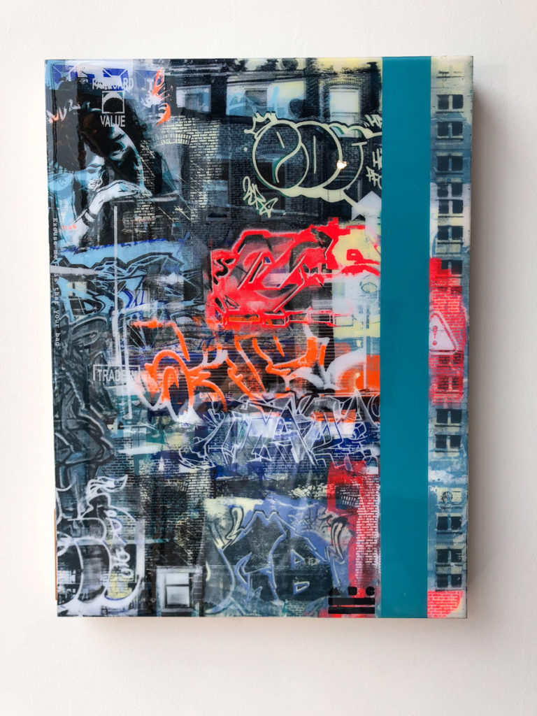 “FCV #18 ”, 18 x 24”, layered acrylic screen prints and spray paint on wood panel with resin